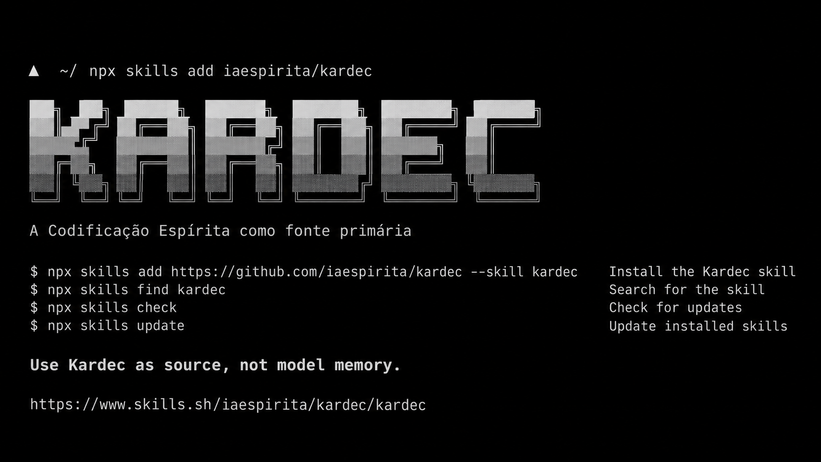 As obras de Allan Kardec viram uma skill para agentes de IA — instalável com um comando